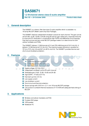 SA58671 datasheet - 1.2 W/channel stereo class-D audio amplifier