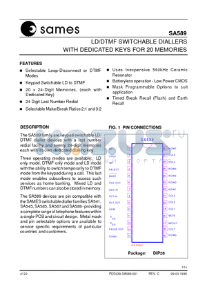 SA589 datasheet - LD/DTMF SWITCHABLE DIALLERS WITH DEDICATED KEYS FOR 20 MEMORIES