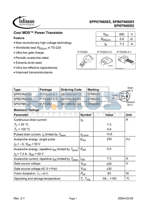 SPDU07N60S5 datasheet - Cool MOS Power Transistor