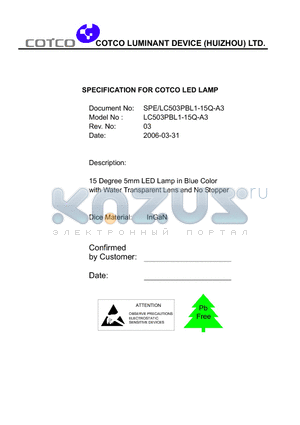 SPE/LC503PBL1-15Q-A3 datasheet - SPECIFICATION FOR COTCO LED LAMP