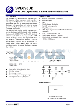 SPE6V8UD datasheet - Ultra Low Capacitance 4 -Line ESD Protection Array