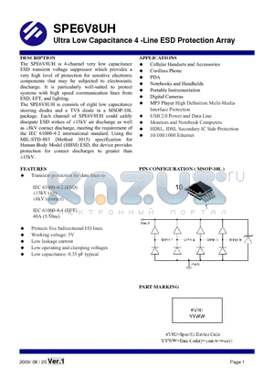 SPE6V8UH datasheet - Ultra Low Capacitance 4 -Line ESD Protection Array