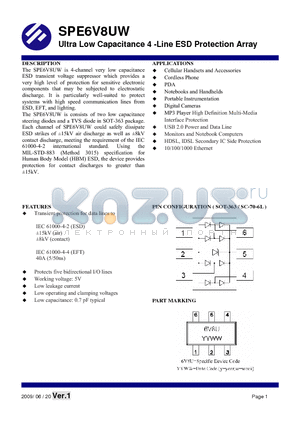 SPE6V8UW datasheet - Ultra Low Capacitance 4 -Line ESD Protection Array