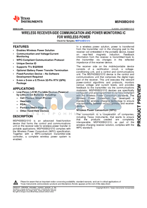 MSP430BQ1010 datasheet - WIRELESS RECEIVER-SIDE COMMUNICATION AND POWER MONITORING IC