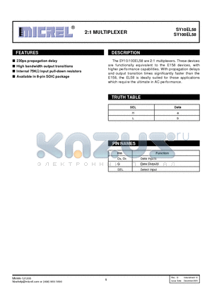 SY10EL58 datasheet - 2:1 MULTIPLEXER