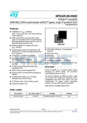 SPEAR-09-H022_06 datasheet - SPEAr Head200 ARM 926, 200K customizable eASIC gates, large IP portfolio SoC