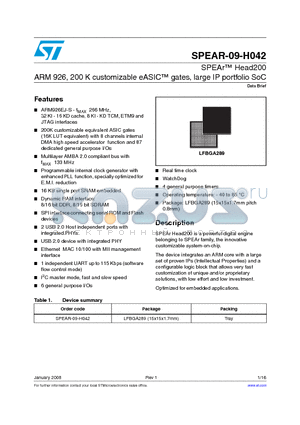 SPEAR-09-H042 datasheet - SPEAr Head200, ARM 926, 200 K customizable eASIC gates, large IP portfolio SoC