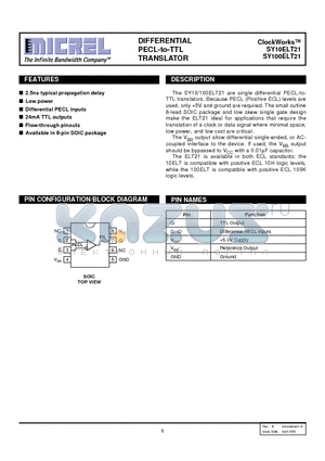 SY10ELT21 datasheet - DIFFERENTIAL PECL-to-TTL TRANSLATOR