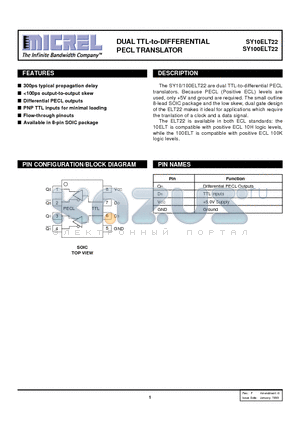 SY10ELT22ZCTR datasheet - DUAL TTL-to-DIFFERENTIAL PECL TRANSLATOR