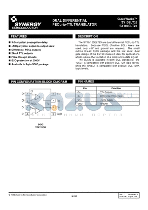 SY10ELT23 datasheet - DUAL DIFFERENTIAL PECL-to-TTL TRANSLATOR