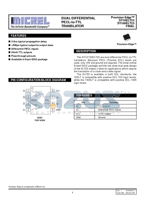 SY10ELT23ZC datasheet - DUAL DIFFERENTIAL PECL-to-TTL TRANSLATOR