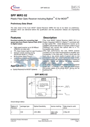 SPFMIR302 datasheet - Plastic Fiber Optic Receiver including Bigfoot IC for MOST