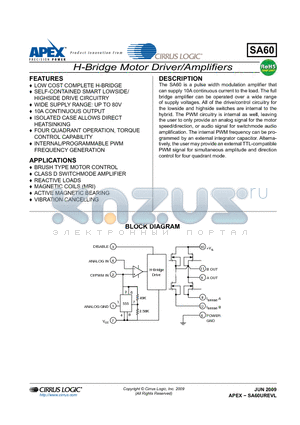 SA60 datasheet - H-Bridge Motor Driver/Amplifiers