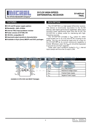 SY10EP16V datasheet - 5V/3.3V HIGH-SPEED DIFFERENTIAL RECEIVER