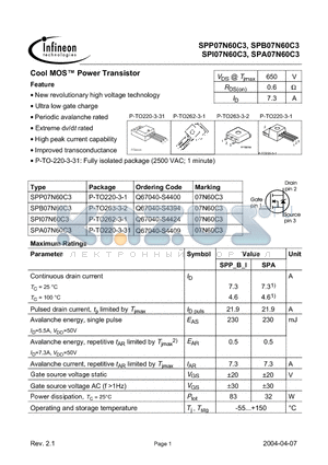 SPI07N60C3 datasheet - Cool MOS Power Transistor