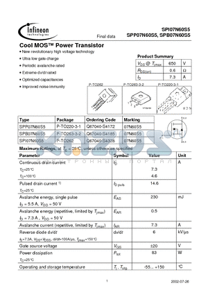 SPI07N60S5 datasheet - Cool MOS Power Transistor