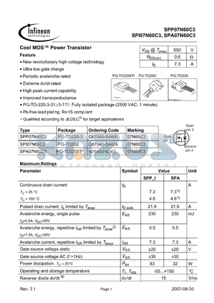 SPI07N60C3 datasheet - New revolutionary high voltage technology Ultra low gate charge