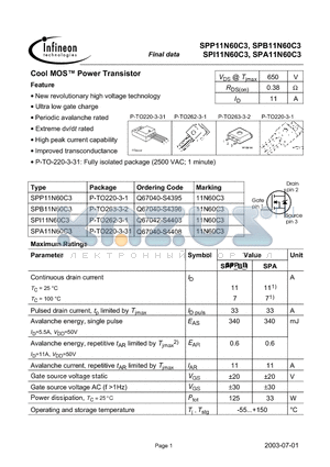 SPI11N60C3 datasheet - Cool MOS Power Transistor