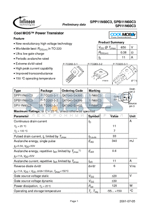 SPI11N60C3 datasheet - Cool MOS Power Transistor