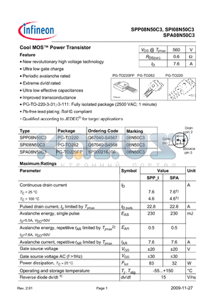 SPI08N50C3 datasheet - New revolutionary high voltage technology Ultra low gate charge Periodic avalanche rated