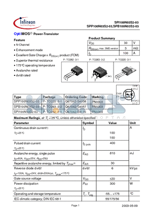SPI100N03S2-03 datasheet - OptiMOS Power-Transistor