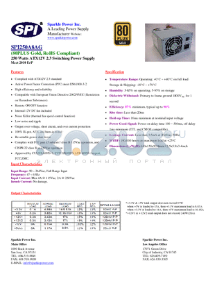 SPI250A8AG datasheet - 250 Watts ATX12V 2.3 Switching Power Supply Meet 2010 ErP