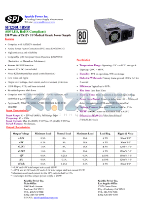 SPI250U4BM8 datasheet - 250 Watts ATX12V 1U Medical Grade Power Supply