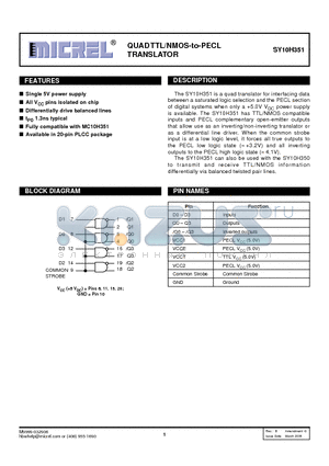 SY10H351JC datasheet - QUAD TTL/NMOS-to-PECL TRANSLATOR