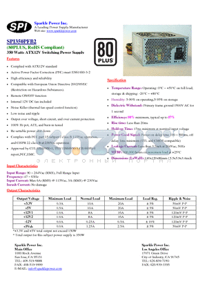 SPI350PFB2 datasheet - 350 Watts ATX12V Switching Power Supply