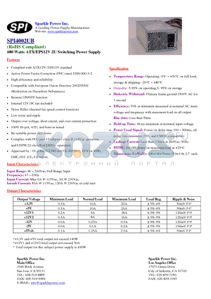 SPI4002UB datasheet - 400 Watts ATX/EPS12V 2U Switching Power Supply