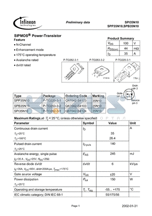 SPI35N10 datasheet - SIPMOS Power-Transistor