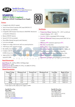 SPI400PFB2 datasheet - 400 Watts ATX12V Switching Power Supply