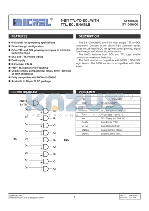 SY10H600_06 datasheet - 9-BIT TTL-TO-ECL WITH TTL, ECL ENABLE