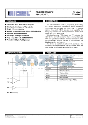 SY10H607JZTR datasheet - REGISTERED HEX PECL-TO-TTL