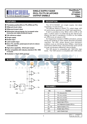 SY10H841 datasheet - SINGLE SUPPLY QUAD PECL-TO-TTL W/LATCHED OUTPUT ENABLE