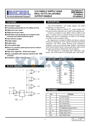 SY10H841L datasheet - 3.3V SINGLE SUPPLY QUAD PECL-TO-TTL W/LATCHED OUTPUT ENABLE