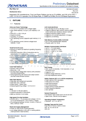 R5F10RFCAFP datasheet - Integrated LCD controller/driver, True Low Power Platform (as low as 75 lA/MHz, and 0.64 lA for RTC  LVD), 1.6 V to 5.5 V operation, 8 to 32 Kbyte Flash, 31 DMIPS at 24 MHz, for All LCD Based Applications