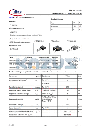 SPI42N03S2L-13 datasheet - OptiMOS Power-Transistor