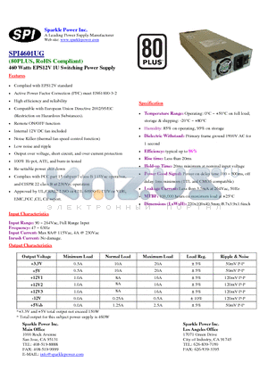 SPI4601UG datasheet - 460 Watts EPS12V 1U Switching Power Supply