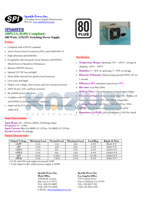 SPI460PFB datasheet - 460 Watts ATX12V Switching Power Supply