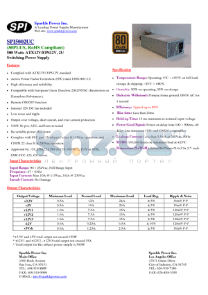 SPI5002UC datasheet - 500 Watts ATX12V/EPS12V, 2U Switching Power Supply