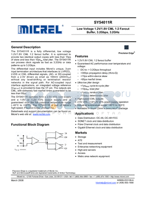 SY54011RMGTR datasheet - Low Voltage 1.2V/1.8V CML 1:2 Fanout Buffer, 3.2Gbps, 3.2GHz