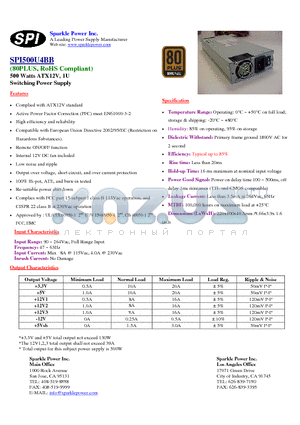 SPI500U4BB datasheet - 500 Watts ATX12V, 1U Switching Power Supply