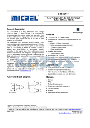 SY54011RMGTR datasheet - Low Voltage 1.2V/1.8V CML 1:2 Fanout Buffer, 3.2Gbps, 3.2GHz