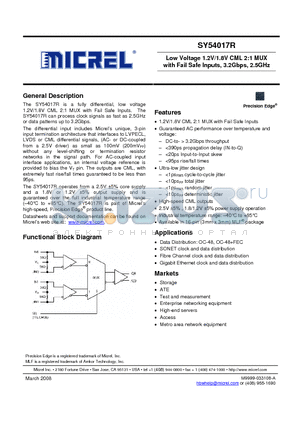 SY54017R datasheet - Low Voltage 1.2V/1.8V CML 2:1 MUX with Fail Safe Inputs, 3.2Gbps, 2.5GHz
