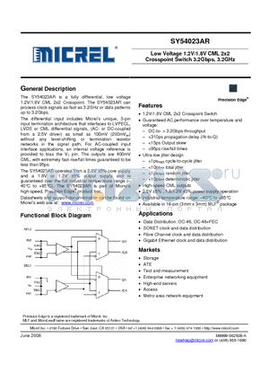 SY54023ARMG datasheet - Low Voltage 1.2V/1.8V CML 2x2 Crosspoint Switch 3.2Gbps, 3.2GHz