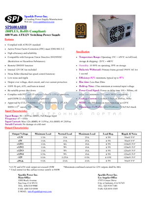 SPI600A8BB datasheet - 600 Watts ATX12V Switching Power Supply