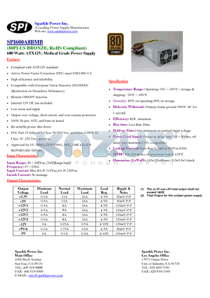 SPI600A8BMB datasheet - 600 Watts ATX12V, Medical Grade Power Supply