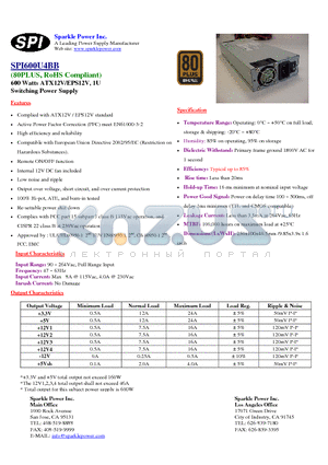 SPI600U4BB datasheet - 600 Watts ATX12V/EPS12V, 1U Switching Power Supply