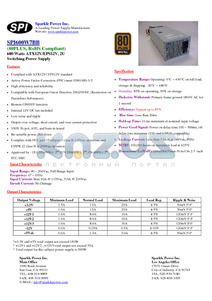 SPI600W7BB datasheet - 600 Watts ATX12V/EPS12V, 2U Switching Power Supply